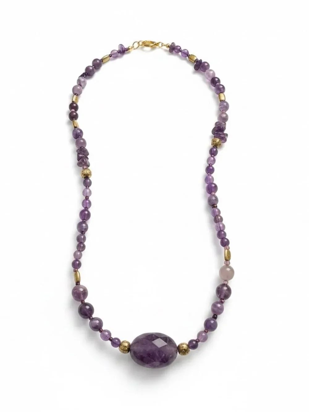 Handmade Genuine Amethyst Bead Necklace Large Amethyst Focal Bead Gold Accents